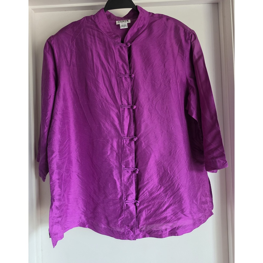 CLIO II Blouse Women 1X Purple Silk Collared Long Sleeve Top Shirt Vintage